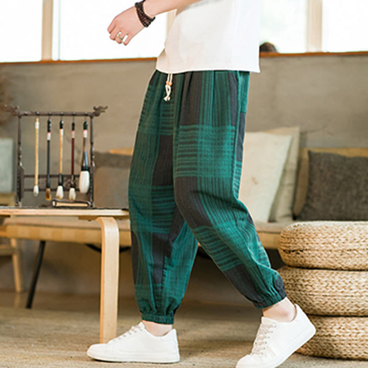 Buddha Stones Summer Checkered Stripes Cotton Linen Men's Harem Pants With Pockets - Green - US/UK/AU46，EU56 (5XL) - image 9