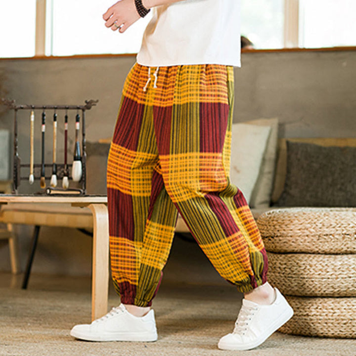 Buddha Stones Summer Checkered Stripes Cotton Linen Men's Harem Pants With Pockets - Orange - US/UK/AU46，EU56 (5XL) - image 19