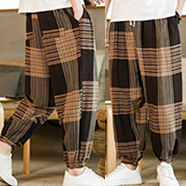 Buddha Stones Summer Checkered Stripes Cotton Linen Men's Harem Pants With Pockets - image 8