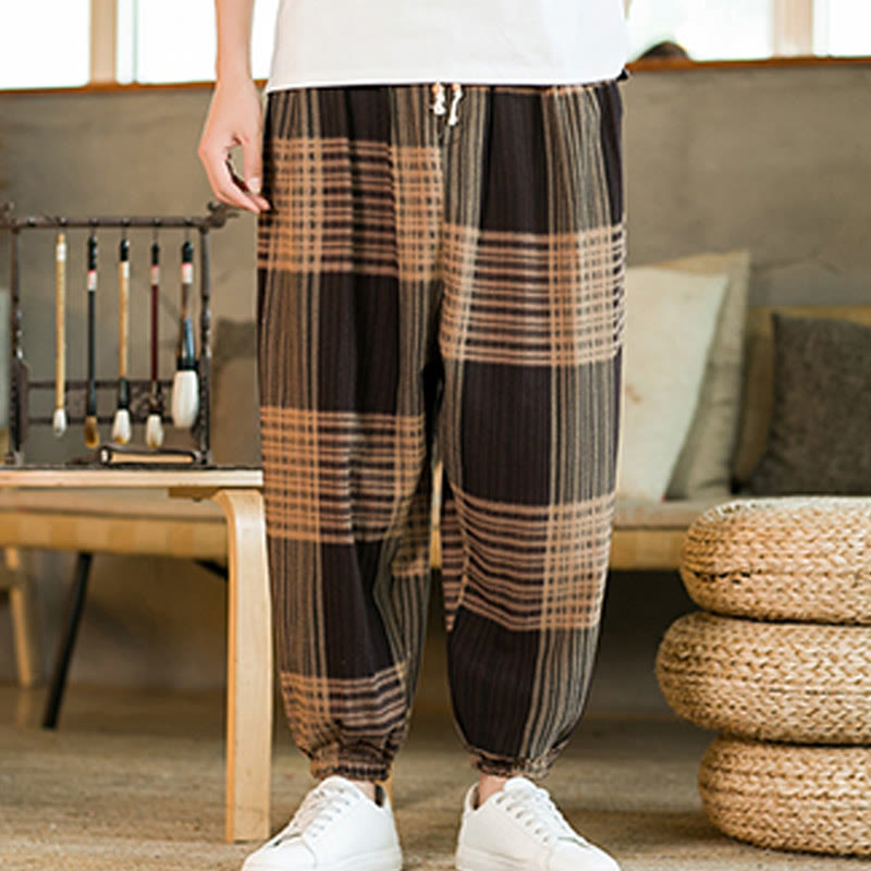 Buddha Stones Summer Checkered Stripes Cotton Linen Men's Harem Pants With Pockets - image 7