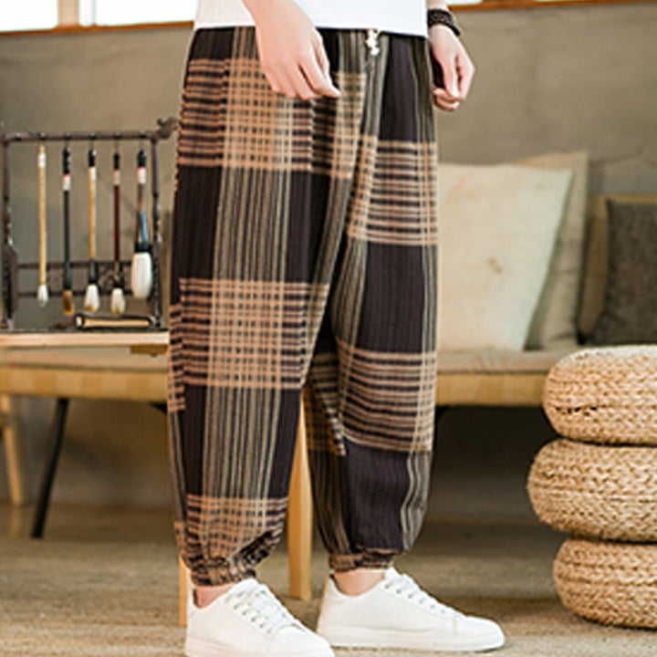 Buddha Stones Summer Checkered Stripes Cotton Linen Men's Harem Pants With Pockets - image 3