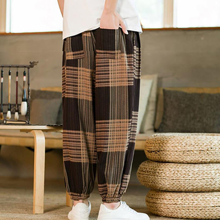 Buddha Stones Summer Checkered Stripes Cotton Linen Men's Harem Pants With Pockets - image 4