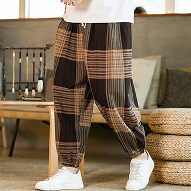 Buddha Stones Summer Checkered Stripes Cotton Linen Men's Harem Pants With Pockets - image 1