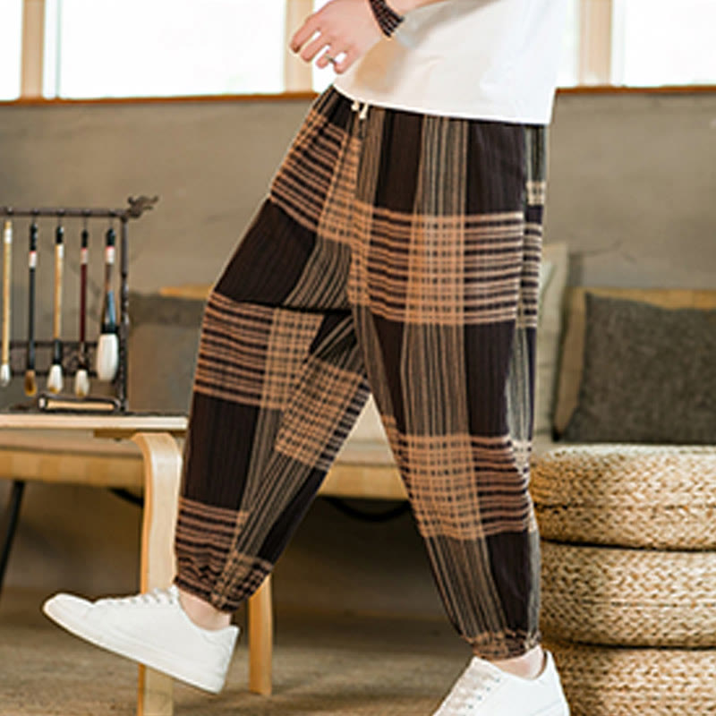 Buddha Stones Summer Checkered Stripes Cotton Linen Men's Harem Pants With Pockets - image 5
