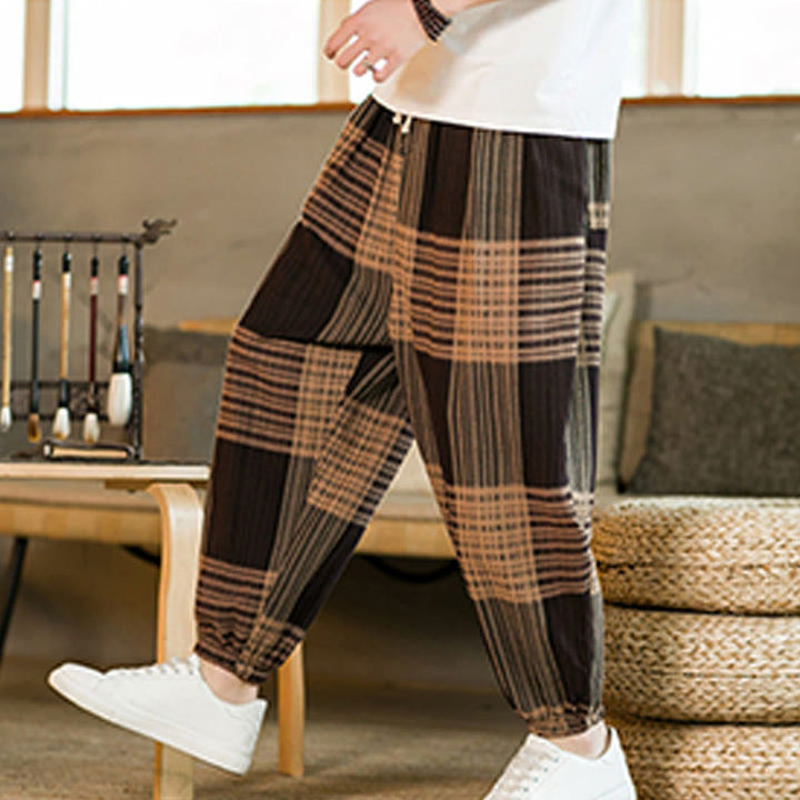 Buddha Stones Summer Checkered Stripes Cotton Linen Men's Harem Pants With Pockets - image 5