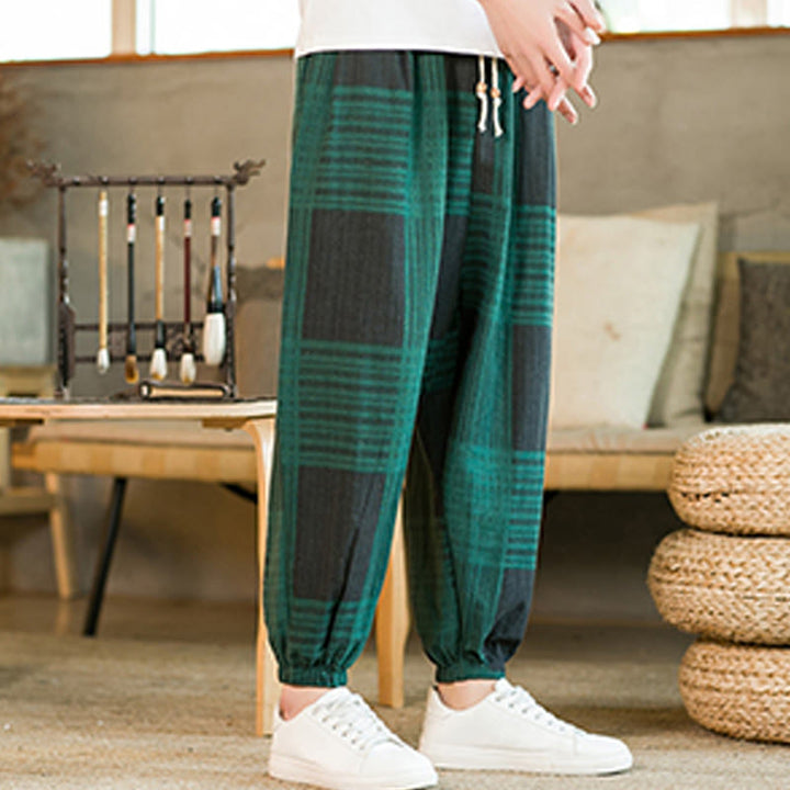 Buddha Stones Summer Checkered Stripes Cotton Linen Men's Harem Pants With Pockets - image 11