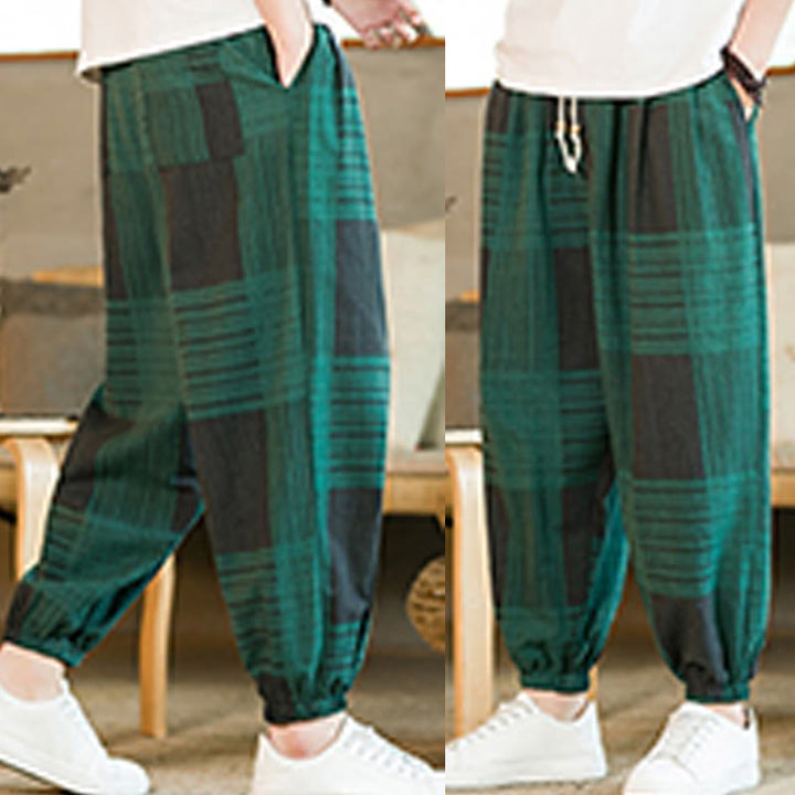 Buddha Stones Summer Checkered Stripes Cotton Linen Men's Harem Pants With Pockets - image 18