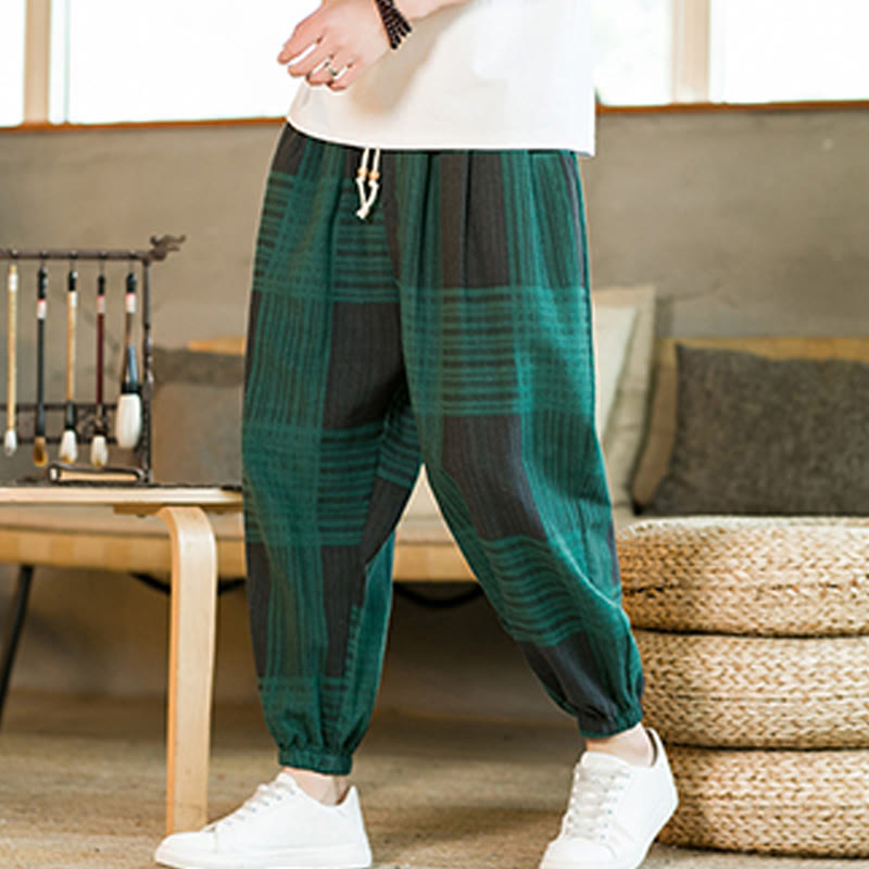 Buddha Stones Summer Checkered Stripes Cotton Linen Men's Harem Pants With Pockets - image 10