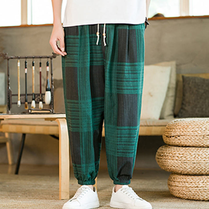 Buddha Stones Summer Checkered Stripes Cotton Linen Men's Harem Pants With Pockets - image 14