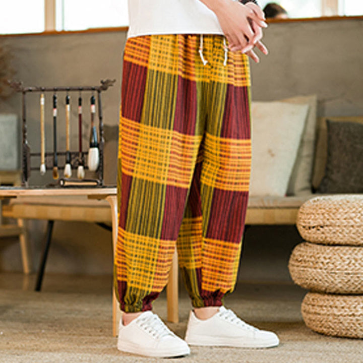 Buddha Stones Summer Checkered Stripes Cotton Linen Men's Harem Pants With Pockets - image 22