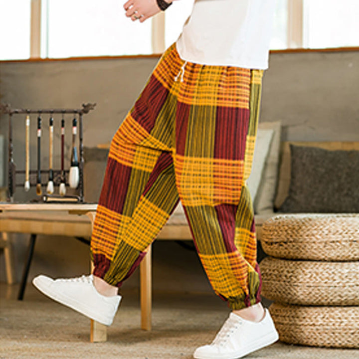 Buddha Stones Summer Checkered Stripes Cotton Linen Men's Harem Pants With Pockets - image 24