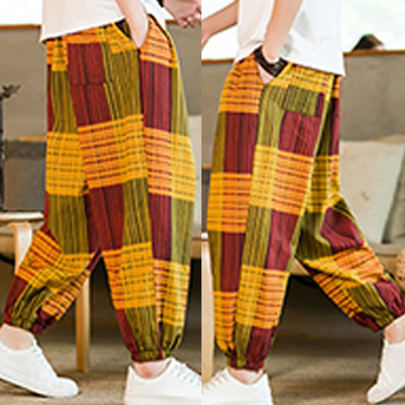 Buddha Stones Summer Checkered Stripes Cotton Linen Men's Harem Pants With Pockets - image 26
