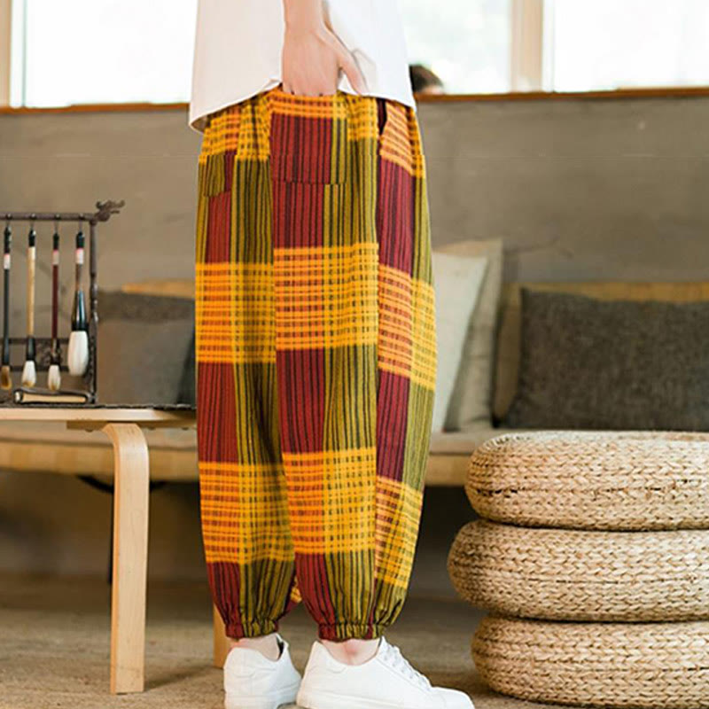 Buddha Stones Summer Checkered Stripes Cotton Linen Men's Harem Pants With Pockets - image 23