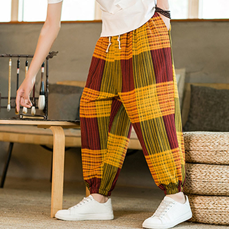 Buddha Stones Summer Checkered Stripes Cotton Linen Men's Harem Pants With Pockets - image 21