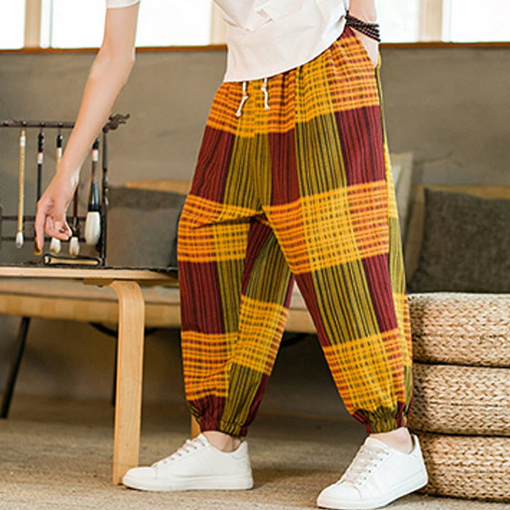 Buddha Stones Summer Checkered Stripes Cotton Linen Men's Harem Pants With Pockets - image 21