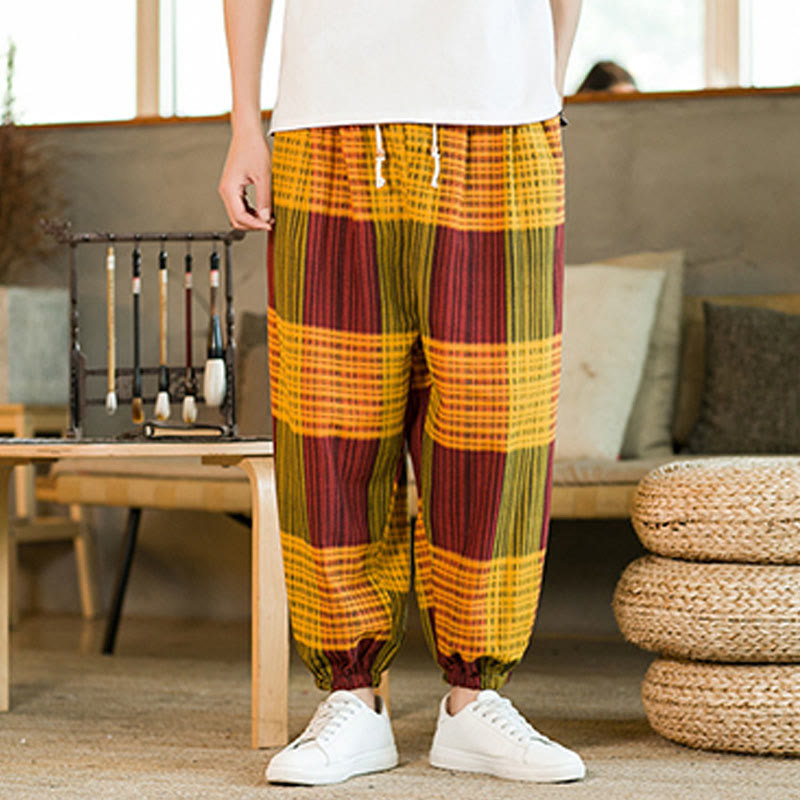 Buddha Stones Summer Checkered Stripes Cotton Linen Men's Harem Pants With Pockets - image 20