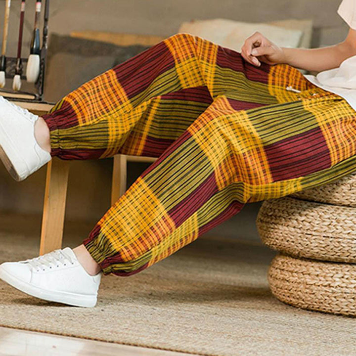Buddha Stones Summer Checkered Stripes Cotton Linen Men's Harem Pants With Pockets - image 25