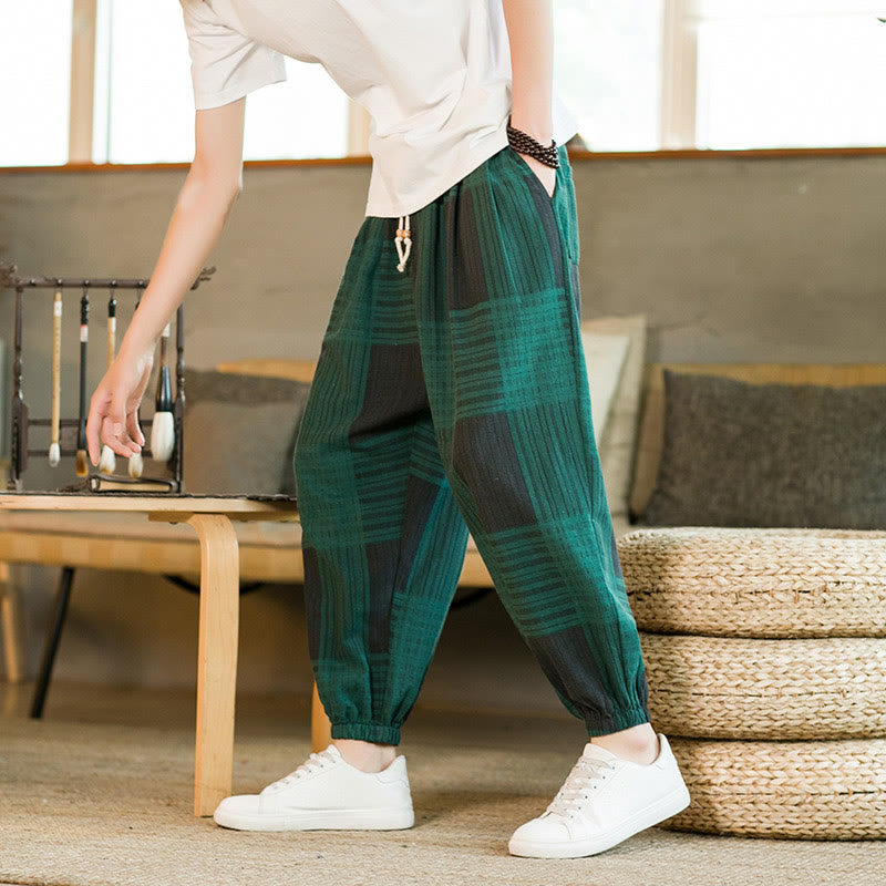 Buddha Stones Summer Checkered Stripes Cotton Linen Men's Harem Pants With Pockets - image 13
