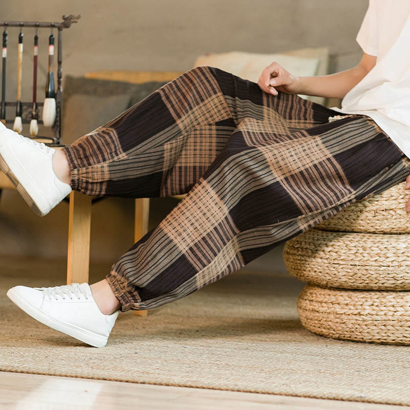 Buddha Stones Summer Checkered Stripes Cotton Linen Men's Harem Pants With Pockets - image 6