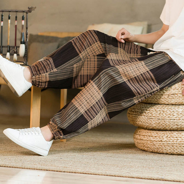 Buddha Stones Summer Checkered Stripes Cotton Linen Men's Harem Pants With Pockets - image 6
