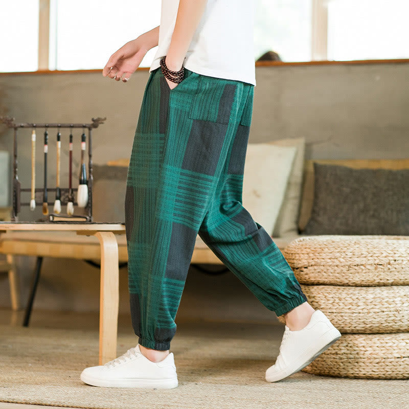 Buddha Stones Summer Checkered Stripes Cotton Linen Men's Harem Pants With Pockets - image 15