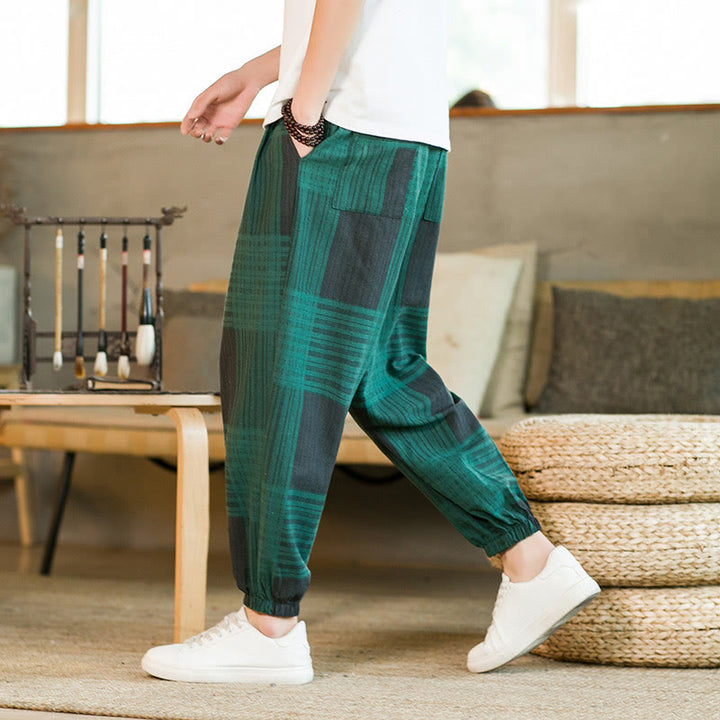 Buddha Stones Summer Checkered Stripes Cotton Linen Men's Harem Pants With Pockets - image 15