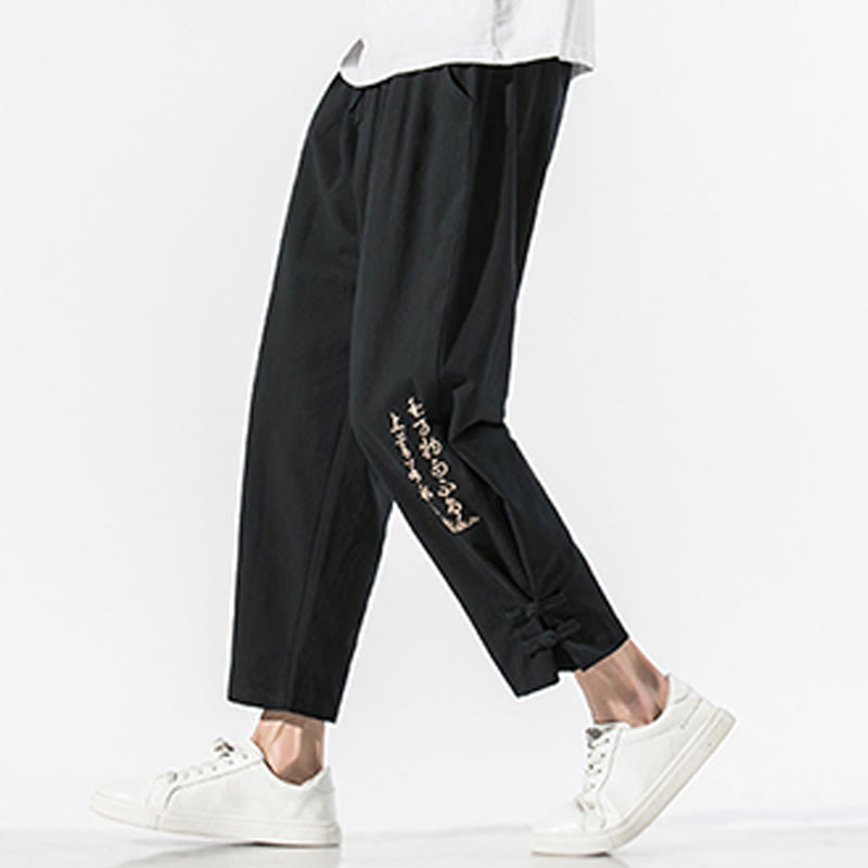 Buddha Stones Summer Chinese Characters Embroidery Men's Cotton Linen Pants With Pockets - Black - US/UK/AU46，EU56 (5XL) - image 0