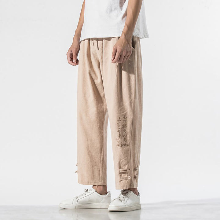 Buddha Stones Summer Chinese Characters Embroidery Men's Cotton Linen Pants With Pockets - image 18