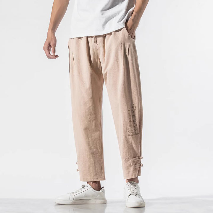 Buddha Stones Summer Chinese Characters Embroidery Men's Cotton Linen Pants With Pockets - image 16
