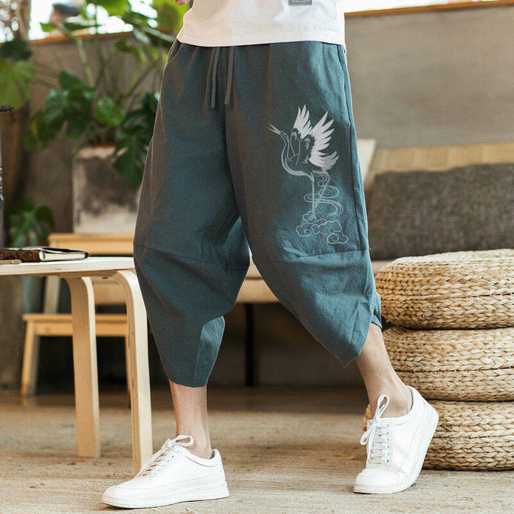 Buddha Stones White Crane Clouds Embroidery Cotton Linen Men's 7-8 Length Harem Pants With Pockets - CadetBlue - US/UK/AU46，EU56 (5XL) - image 7