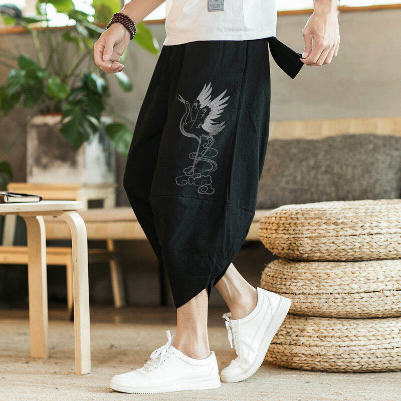 Buddha Stones White Crane Clouds Embroidery Cotton Linen Men's 7-8 Length Harem Pants With Pockets - image 1