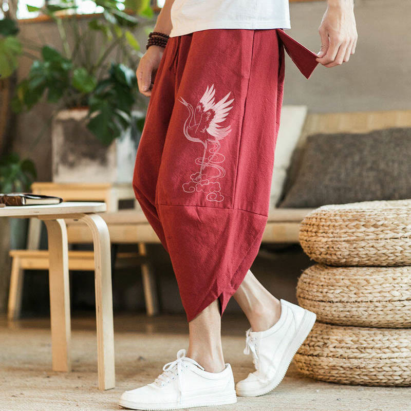Buddha Stones White Crane Clouds Embroidery Cotton Linen Men's 7-8 Length Harem Pants With Pockets - Red - US/UK/AU46，EU56 (5XL) - image 4