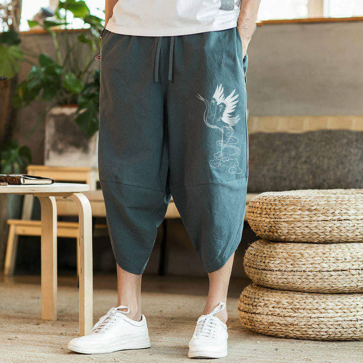 Buddha Stones White Crane Clouds Embroidery Cotton Linen Men's 7-8 Length Harem Pants With Pockets - image 8