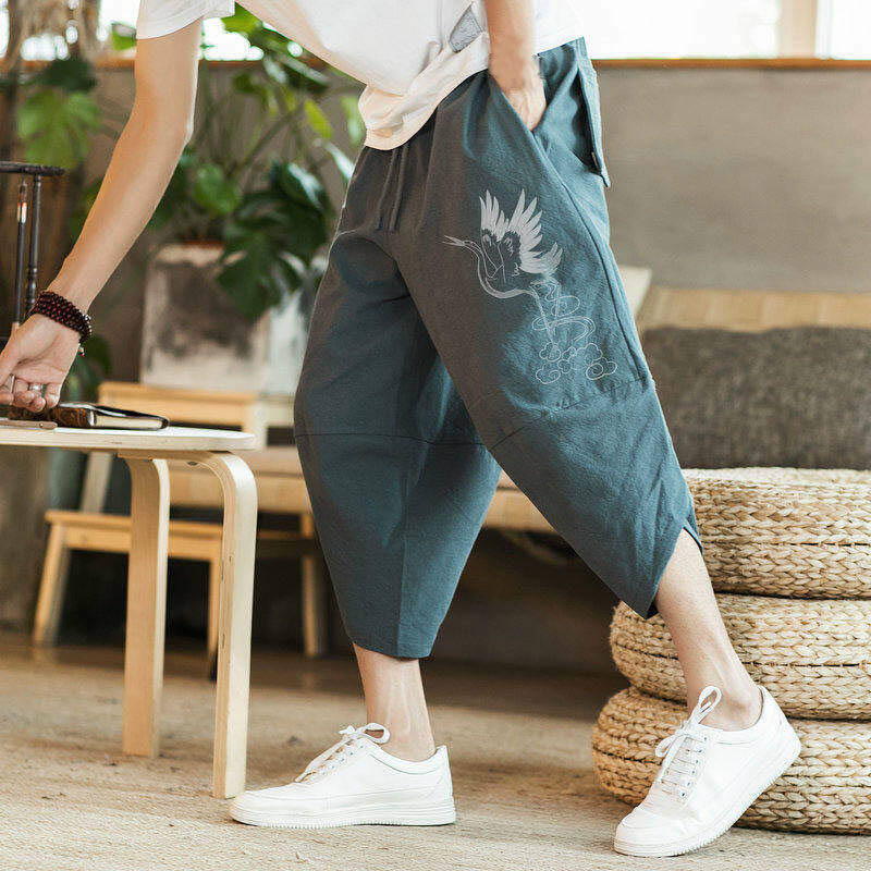 Buddha Stones White Crane Clouds Embroidery Cotton Linen Men's 7-8 Length Harem Pants With Pockets - image 10