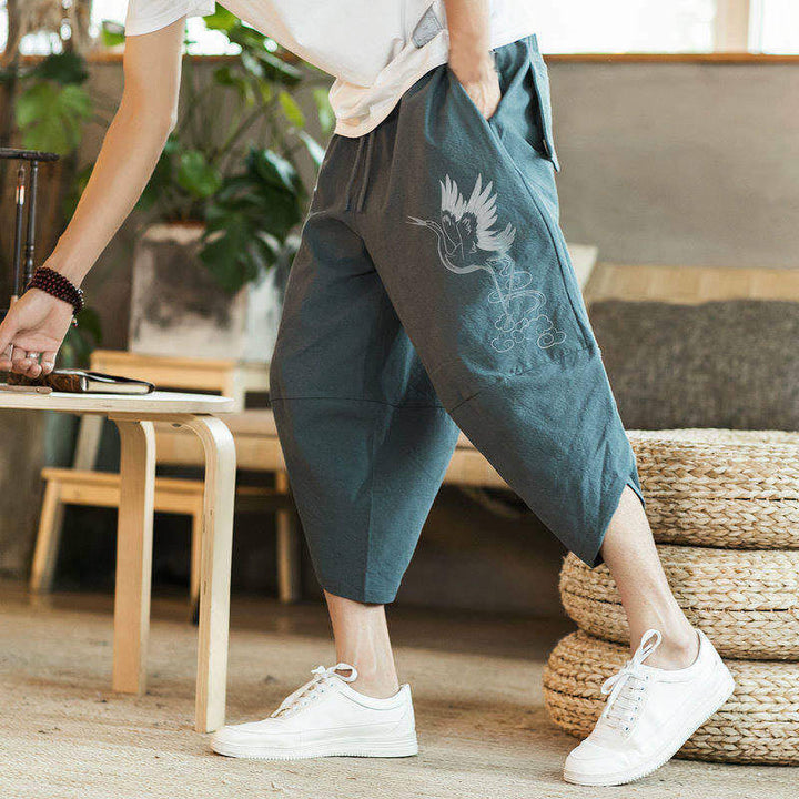 Buddha Stones White Crane Clouds Embroidery Cotton Linen Men's 7-8 Length Harem Pants With Pockets - image 10