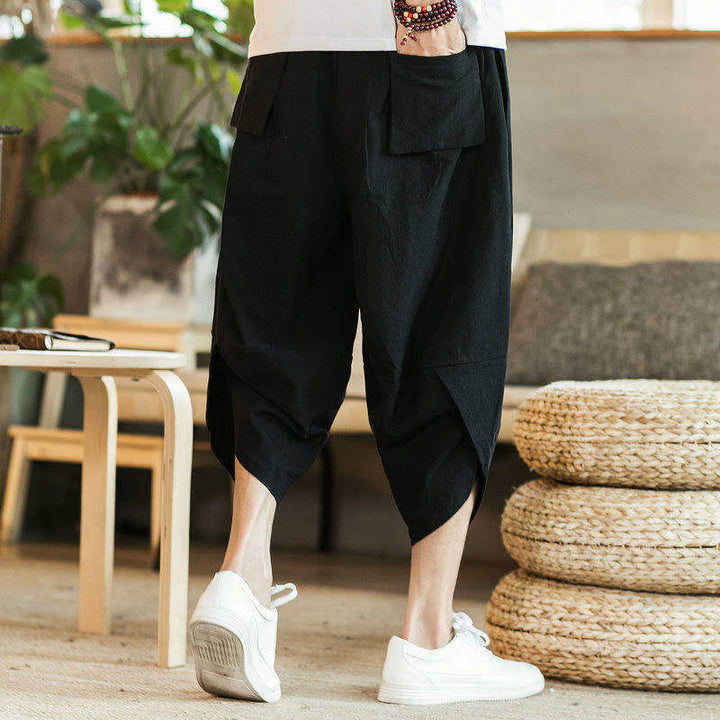 Buddha Stones White Crane Clouds Embroidery Cotton Linen Men's 7-8 Length Harem Pants With Pockets - image 2