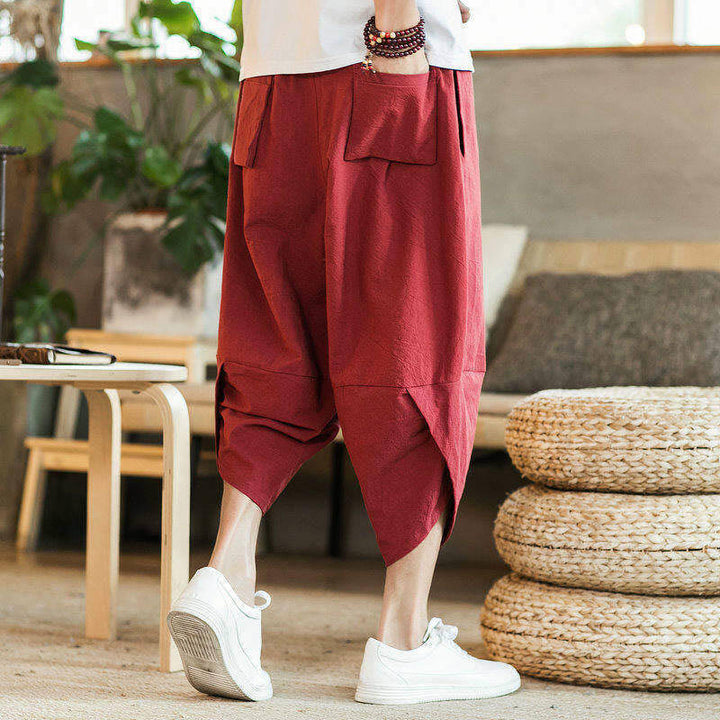 Buddha Stones White Crane Clouds Embroidery Cotton Linen Men's 7-8 Length Harem Pants With Pockets - image 5