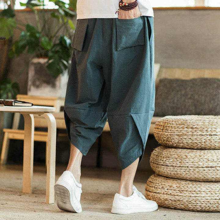 Buddha Stones White Crane Clouds Embroidery Cotton Linen Men's 7-8 Length Harem Pants With Pockets - image 9