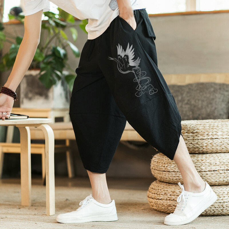 Buddha Stones White Crane Clouds Embroidery Cotton Linen Men's 7-8 Length Harem Pants With Pockets - Black - US/UK/AU46，EU56 (5XL) - image 0