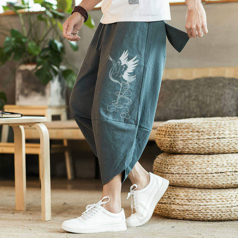 Buddha Stones White Crane Clouds Embroidery Cotton Linen Men's 7-8 Length Harem Pants With Pockets - image 11