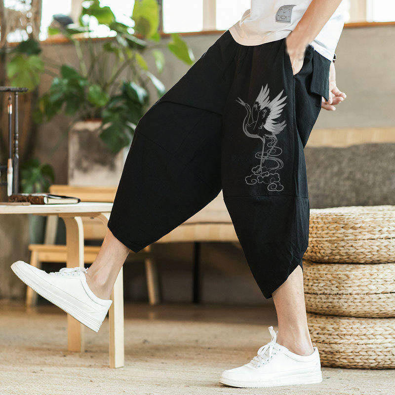 Buddha Stones White Crane Clouds Embroidery Cotton Linen Men's 7-8 Length Harem Pants With Pockets - image 3