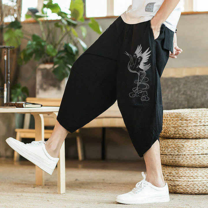 Buddha Stones White Crane Clouds Embroidery Cotton Linen Men's 7-8 Length Harem Pants With Pockets - image 3