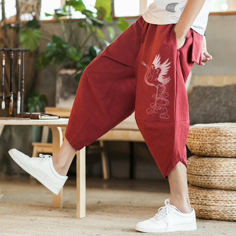 Buddha Stones White Crane Clouds Embroidery Cotton Linen Men's 7-8 Length Harem Pants With Pockets - image 6