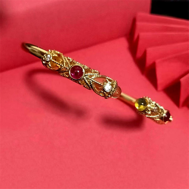 Buddha Stones Golden Flower Pattern Red Zircon Amber Copper Luck Cuff Bracelet Bangle - image 8