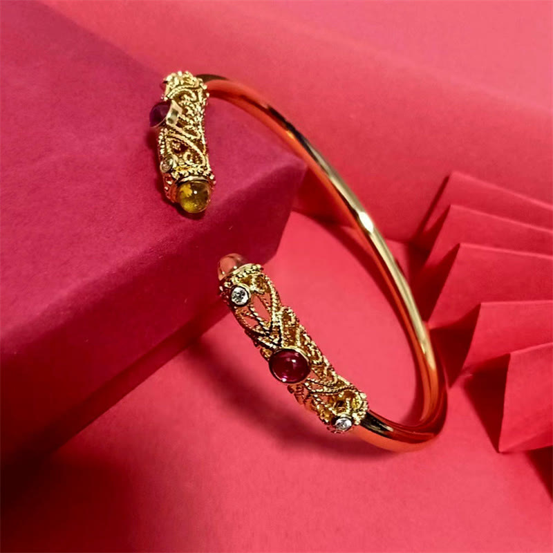 Buddha Stones Golden Flower Pattern Red Zircon Amber Copper Luck Cuff Bracelet Bangle - image 7