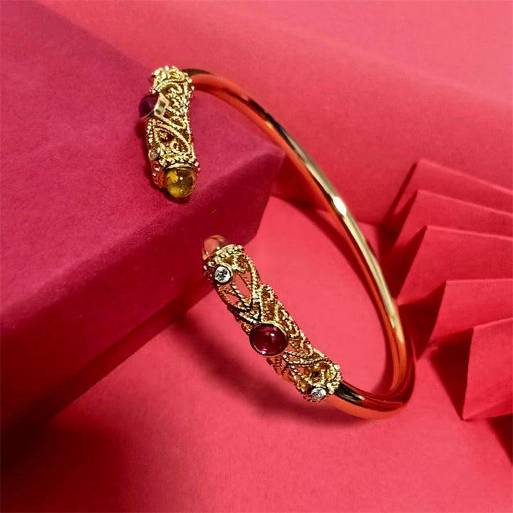 Buddha Stones Golden Flower Pattern Red Zircon Amber Copper Luck Cuff Bracelet Bangle - image 7