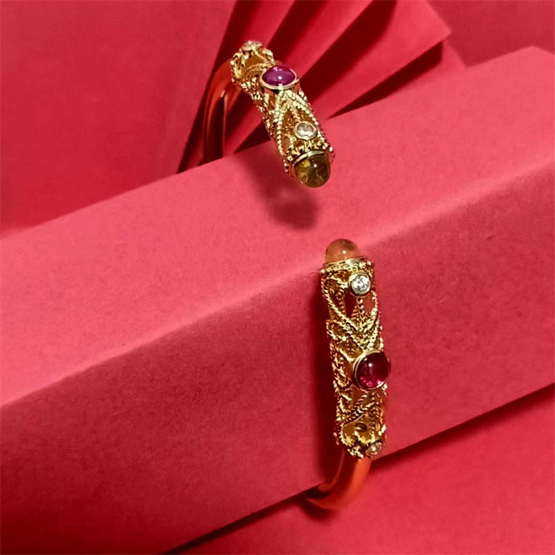 Buddha Stones Golden Flower Pattern Red Zircon Amber Copper Luck Cuff Bracelet Bangle - image 9