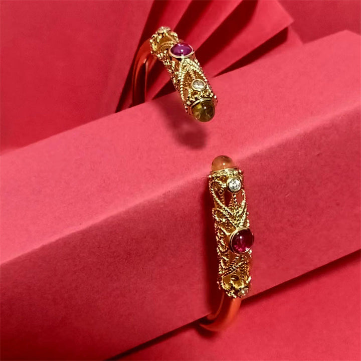 Buddha Stones Golden Flower Pattern Red Zircon Amber Copper Luck Cuff Bracelet Bangle - image 9