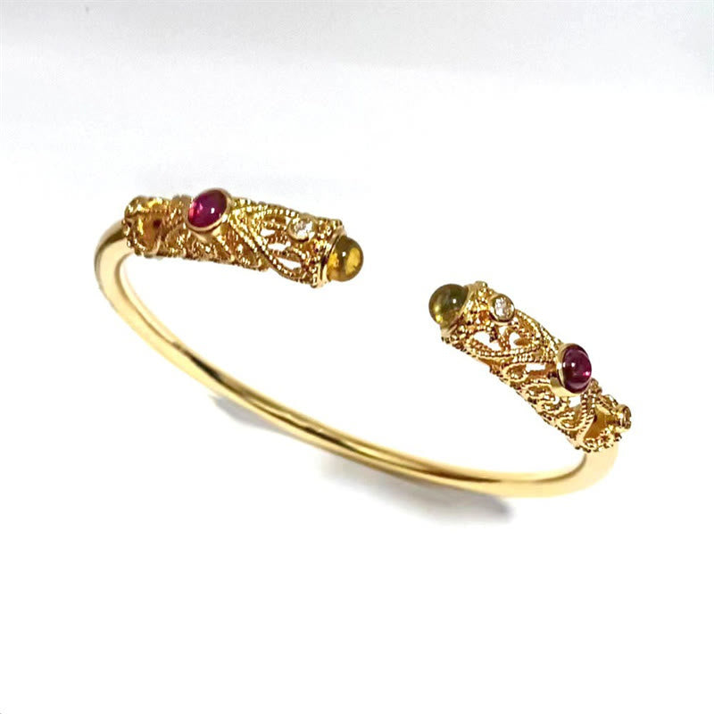 Buddha Stones Golden Flower Pattern Red Zircon Amber Copper Luck Cuff Bracelet Bangle - image 10