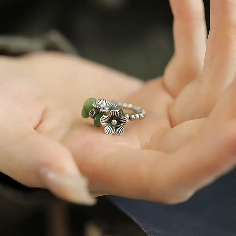 Buddha Stones Flower Pattern Copper Alloy Luck Elastic Rope Ring - image 16